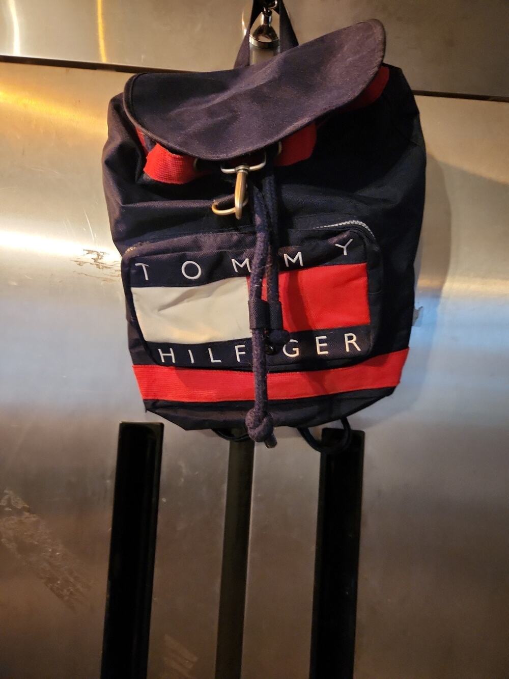 Vintage 90s Tommy Hilfiger Distressed Big Logo Spell Out Backpack Book Bag Blue